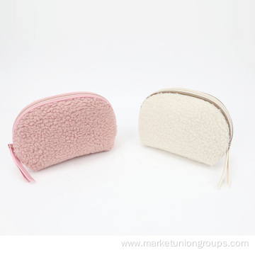 Sherpa Shell Shape Makeup Bag, Cute Pink Cosmetic Plush Storage Bag